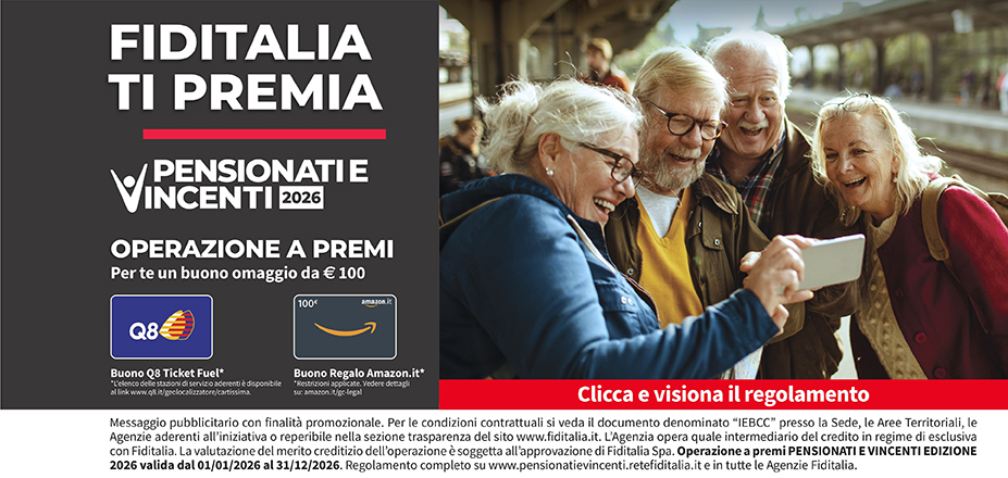Agenzia Uniservice Consulting S.r.l. Fiditalia | Brescia, Brescia , Mantova, Trento, Verona | Fiditalia ti premia - Vicni un omaggio da €100. Operazione a premi. Clicca e visiona il regolamento. Operazione a premi PENSIONATI E VINCENTI 2025 valida dal 01/01/2025 al 31/12/2025. Regolamento completo www.pensionatievincenti.retefiditalia.it