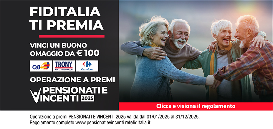 Agenzia Uniservice Consulting S.r.l. Fiditalia | Brescia, Brescia , Mantova, Trento, Verona | Fiditalia ti premia - Vicni un omaggio da €100. Operazione a premi. Clicca e visiona il regolamento. Operazione a premi PENSIONATI E VINCENTI 2025 valida dal 01/01/2025 al 31/12/2025. Regolamento completo www.pensionatievincenti.retefiditalia.it